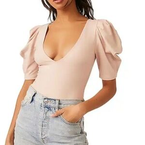 Free People Va Va Voop Knit Deep V-Neck Short Ruched Puffed Sleeve Bodysuit